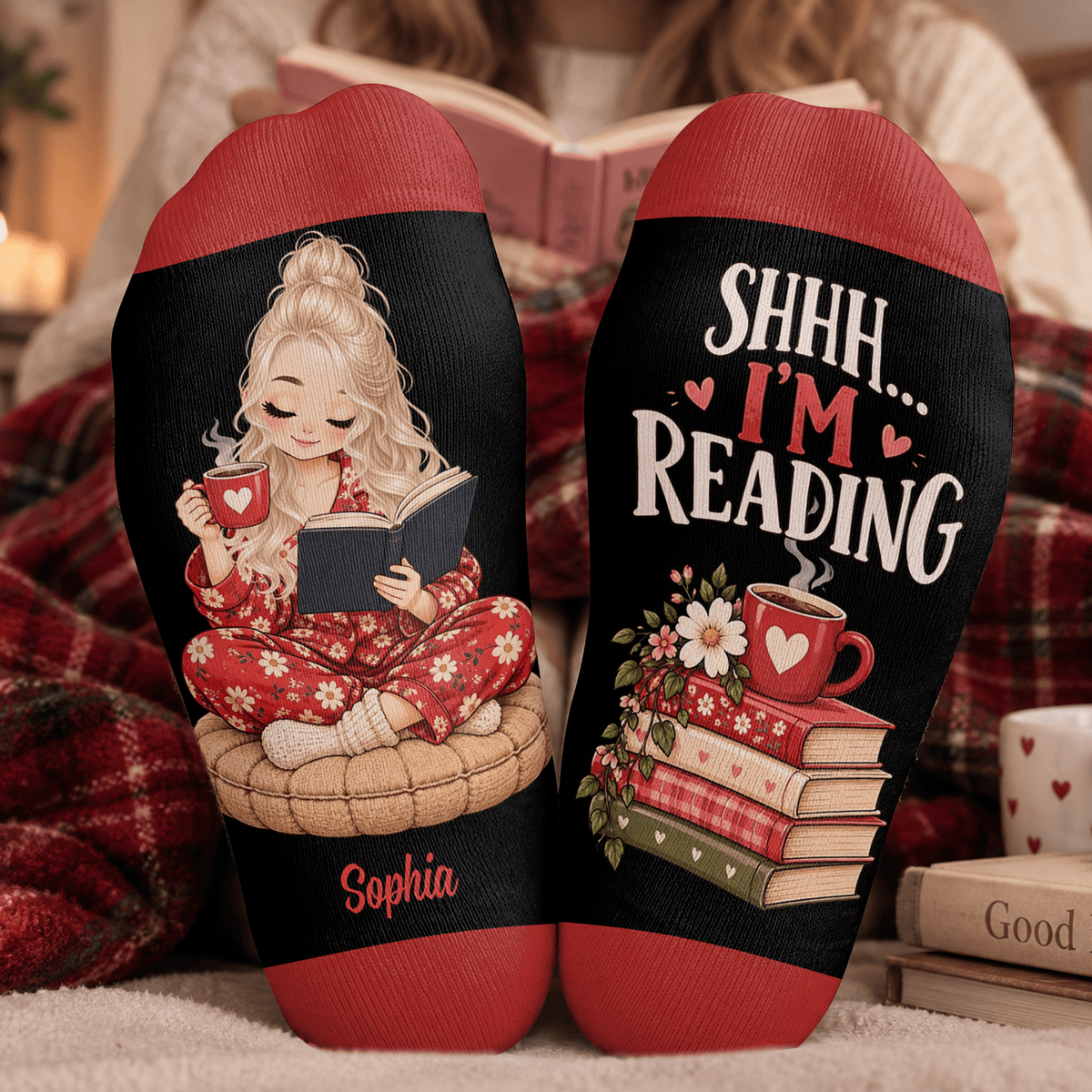 Custom Book Socks with Black Reader Art, Socks for Women and Men with Comfort, Christmas Gifts and Book Lovers Gifts for Reading Time, Pallyprints Co.