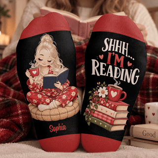 Custom Book Socks with Black Reader Art, Socks for Women and Men with Comfort, Christmas Gifts and Book Lovers Gifts for Reading Time, Pallyprints Co.