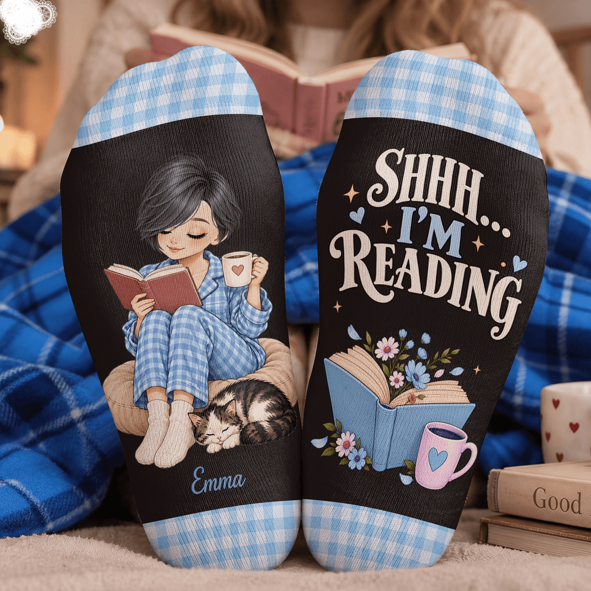 Short Hair Reader Custom Book Socks, Socks for Women and Men with Comfort, Book Lovers Gifts and Christmas Gifts for Quiet Reading, Pallyprints Co.