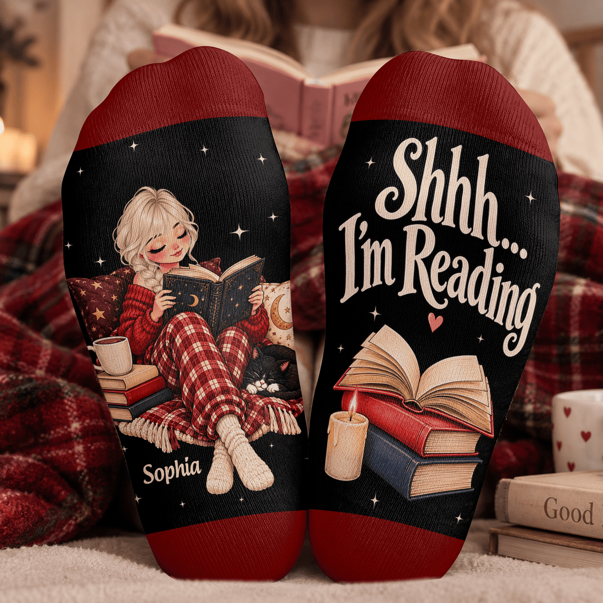Custom Book Socks with Girl Reader Art, Socks for Women and Men with Style, Christmas Gifts and Book Lovers Gifts for Reading Time, Pallyprints Co.