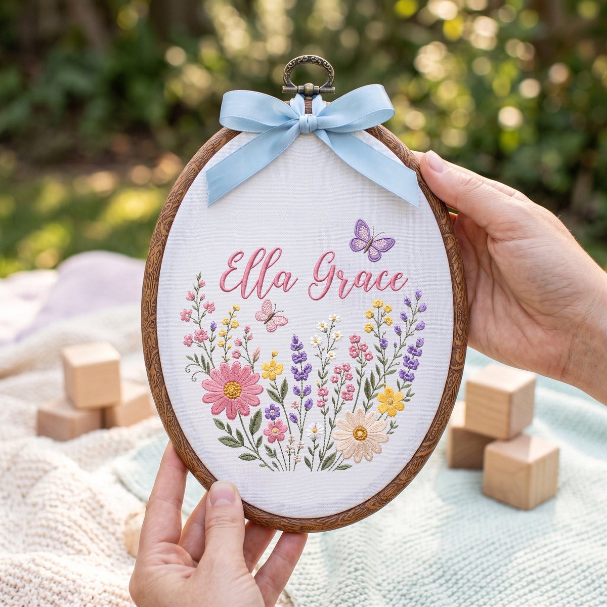 Personalized Baby Name Wildflowers Butterflies Embroidery Hoop Art Nursery Decor Keepsake