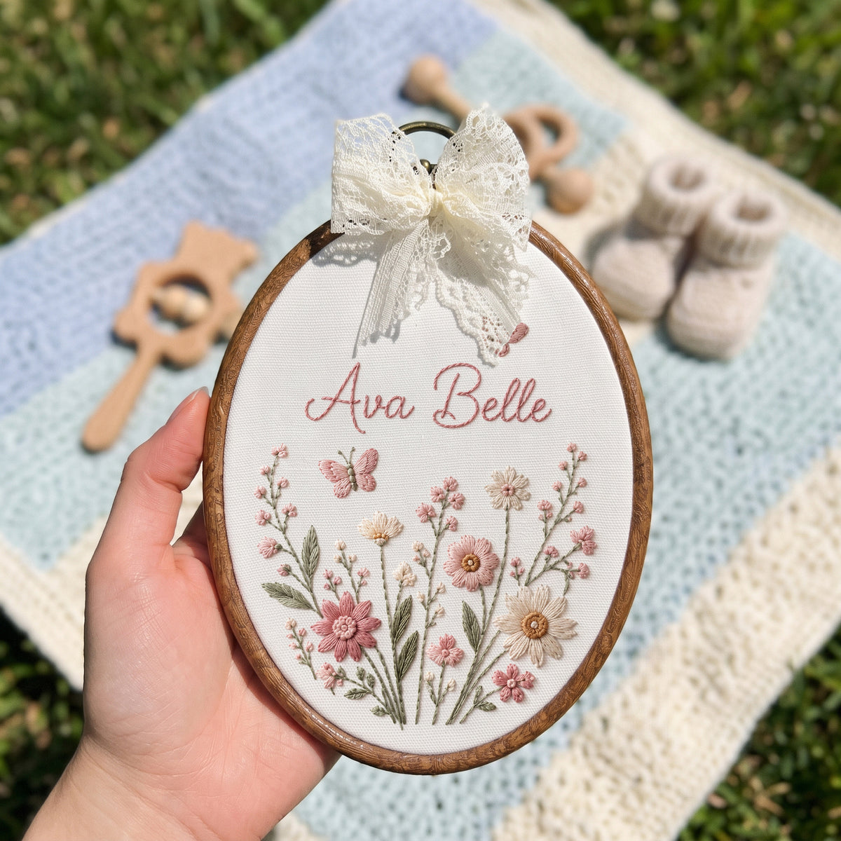 Personalized Blue Wildflowers Butterflies Embroidery Hoop Art Nursery Decor Keepsake