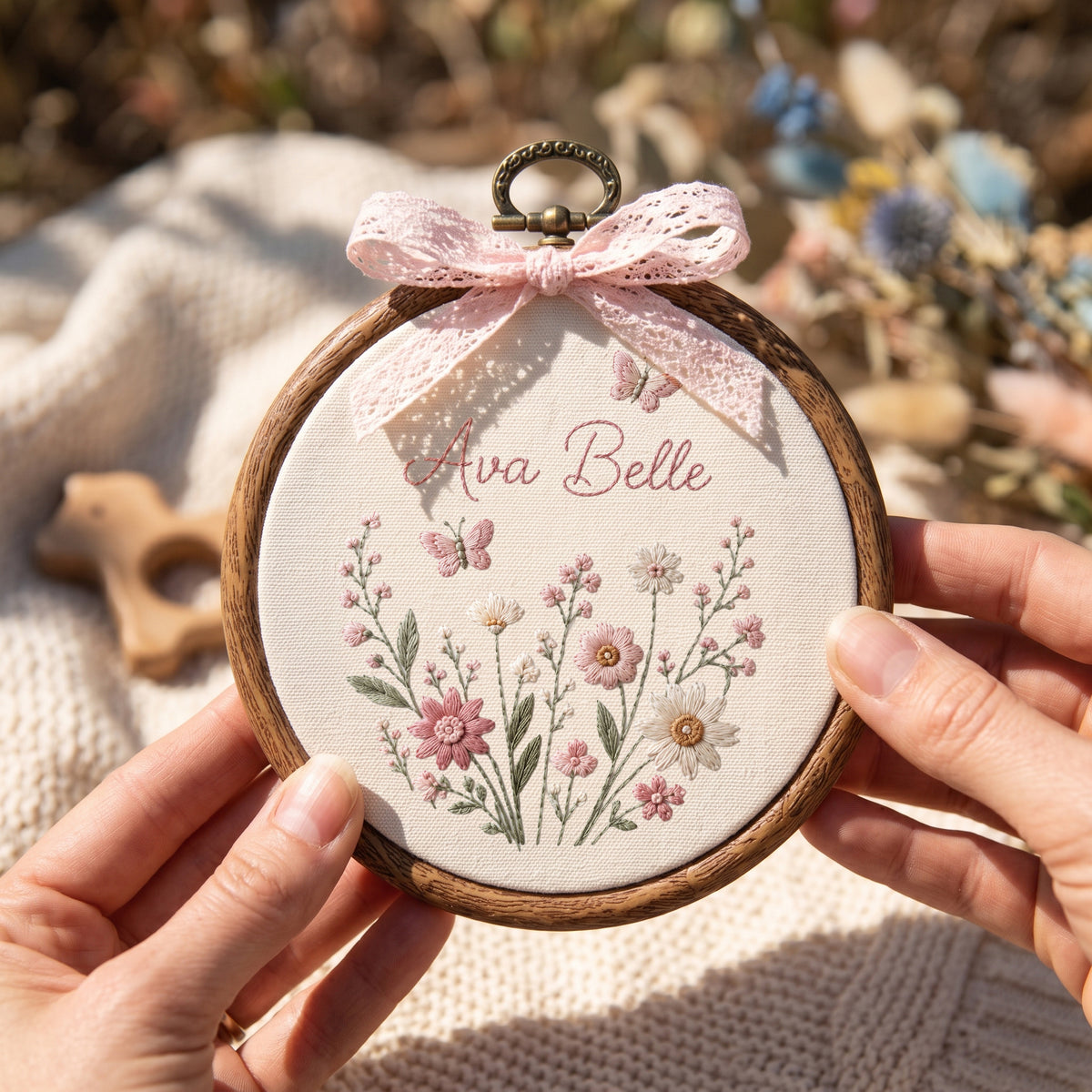 Personalized Blue Wildflowers Butterflies Embroidery Hoop Art Nursery Decor Keepsake