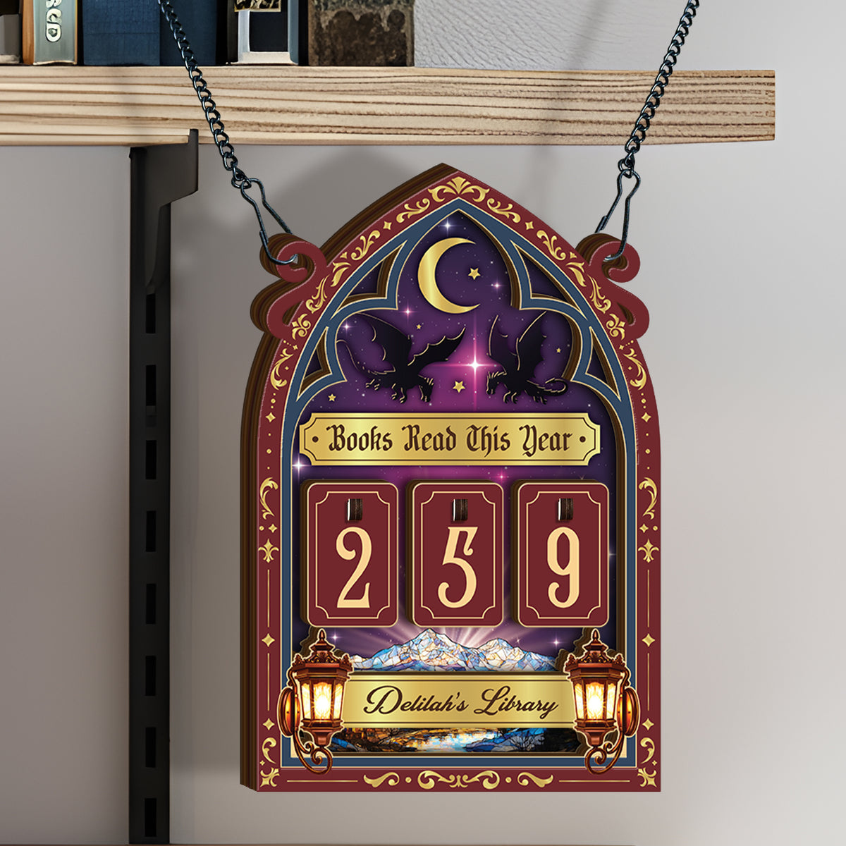 Custom Book Tracker Sign Personalized Crescent Moon Raven Books Read This Year Decor