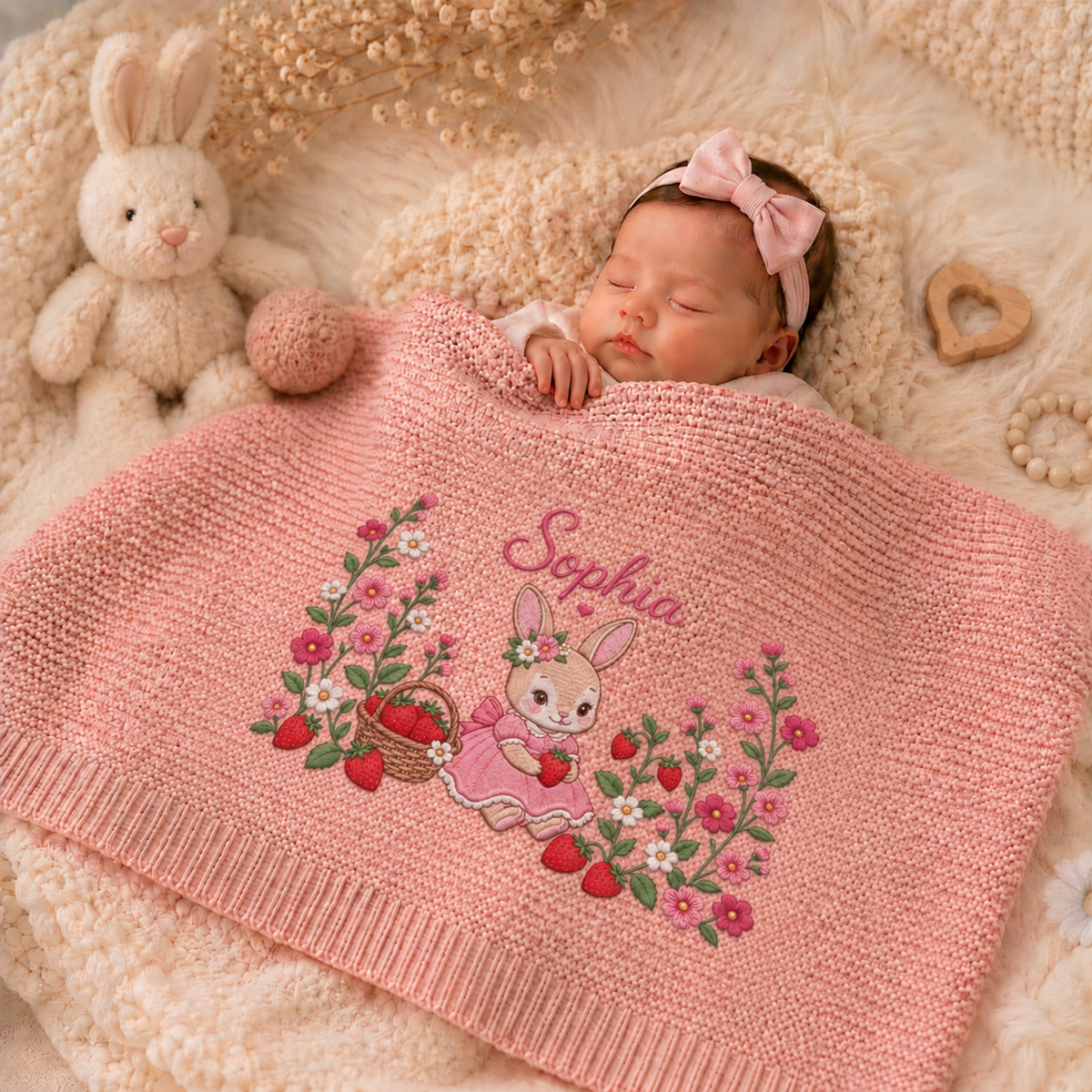 Custom Name Baby Knitted Blanket Bunny Rabbit Strawberry Flowers Warm Infant Swaddle Throw