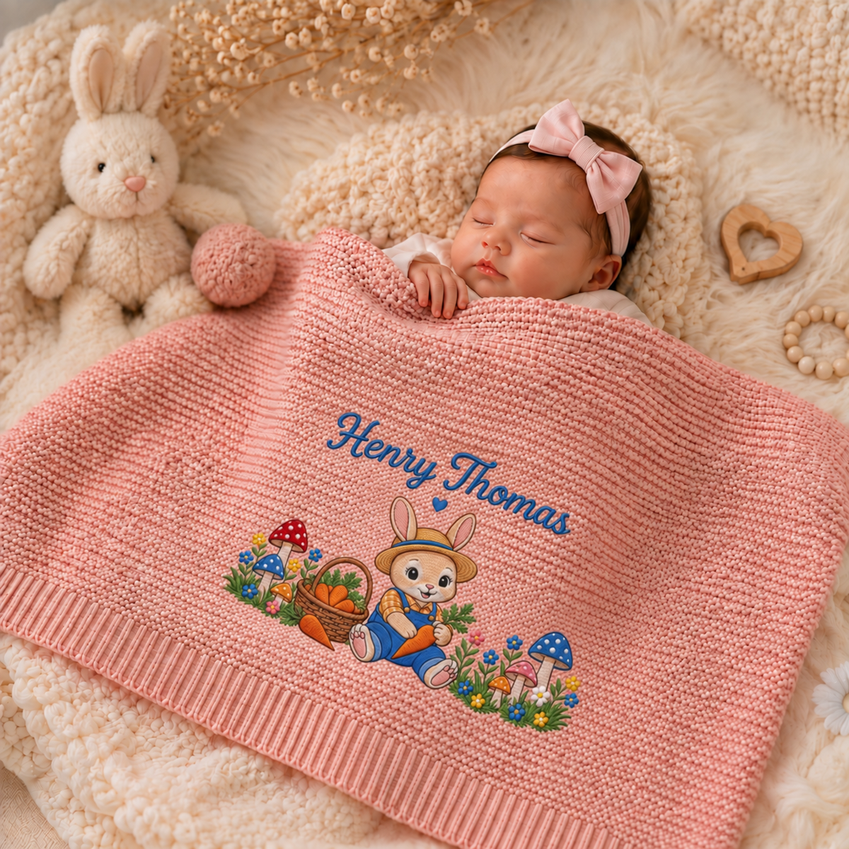 Custom Name Baby Knitted Blanket Bunny Rabbit Mushrooms Carrots Warm Infant Swaddle Throw