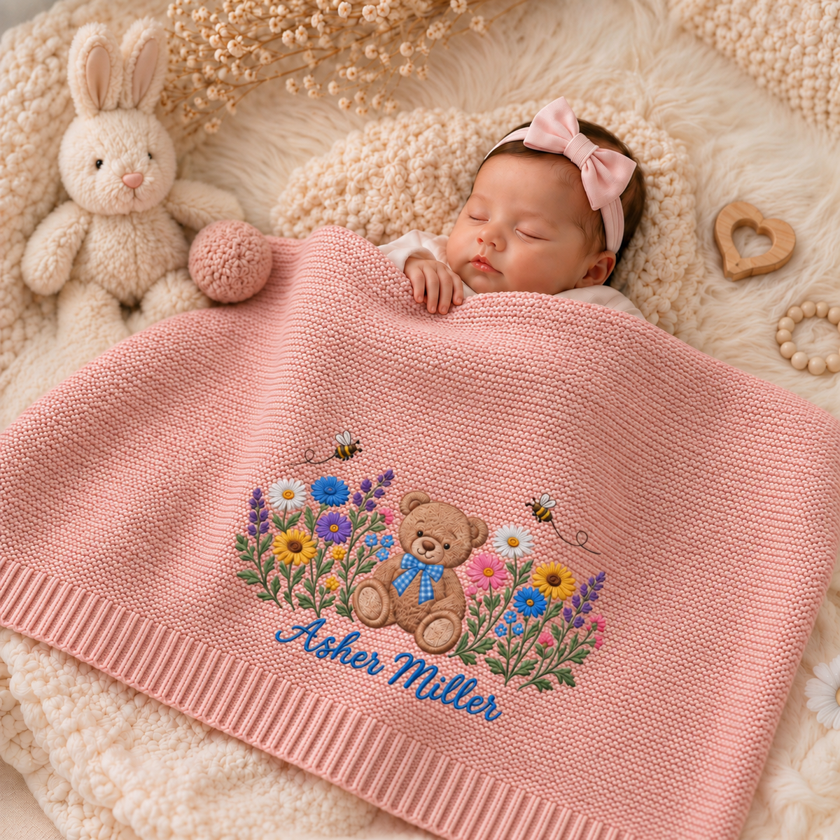 Custom Name Baby Knitted Blanket Teddy Bear Bees Wildflowers Warm Infant Swaddle Throw