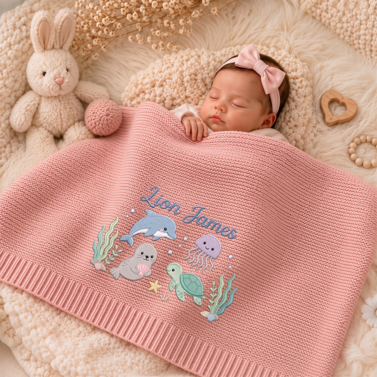 Custom Name Baby Knitted Blanket Dolphin Seal Sea Turtle Warm Infant Swaddle Sheet Throw