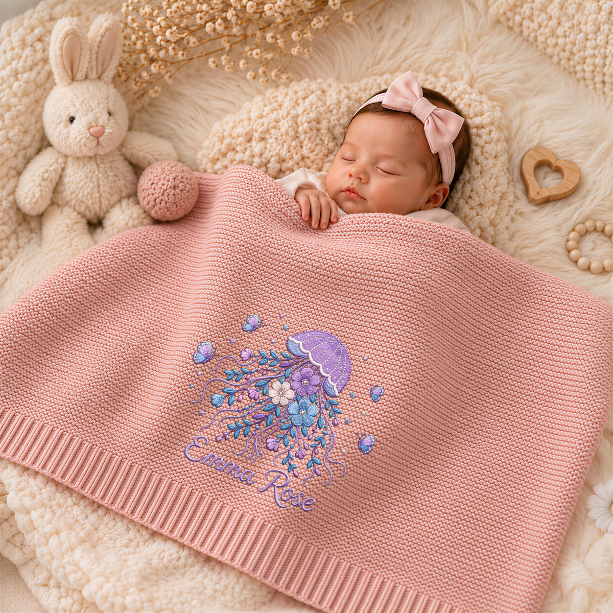 Custom Name Baby Knitted Blanket Jellyfish Floral Butterflies Warm Swaddle Sheet Throw